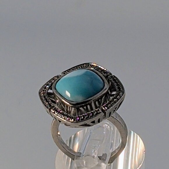 Marahlago Larimar Rhodium Plated Silver Ring Cushion-Cut Stone & Topaz - Picture 4 of 13